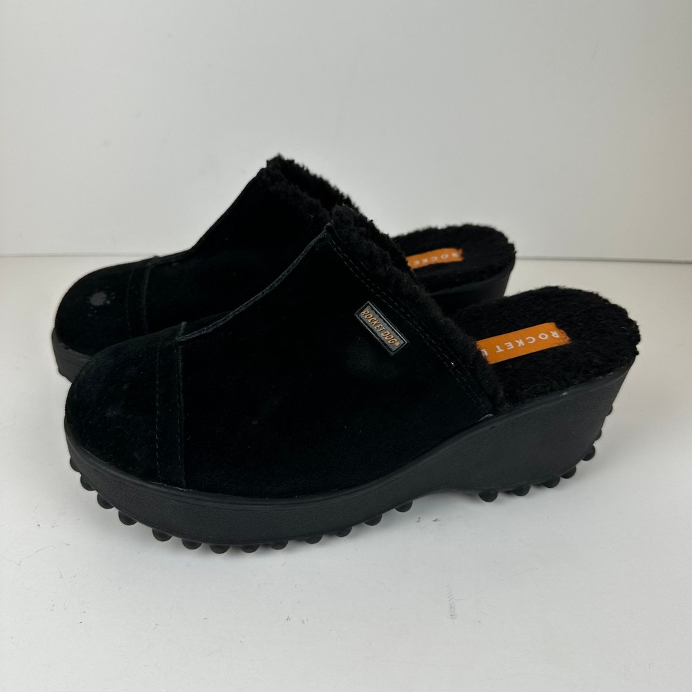 Rocket Dog Black Suede Platform Mules Faux Fur Clogs Y2K 90s Grunge Womens 8 US